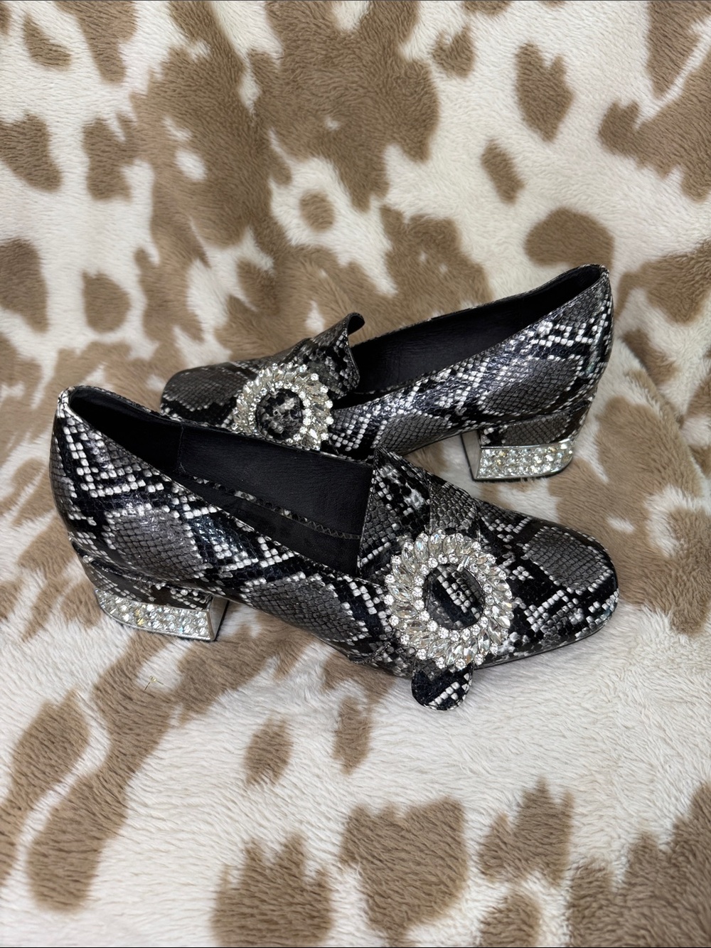 Jeffrey Campbell Black & Gray Snake-Print Crystal Buckle Block Heels